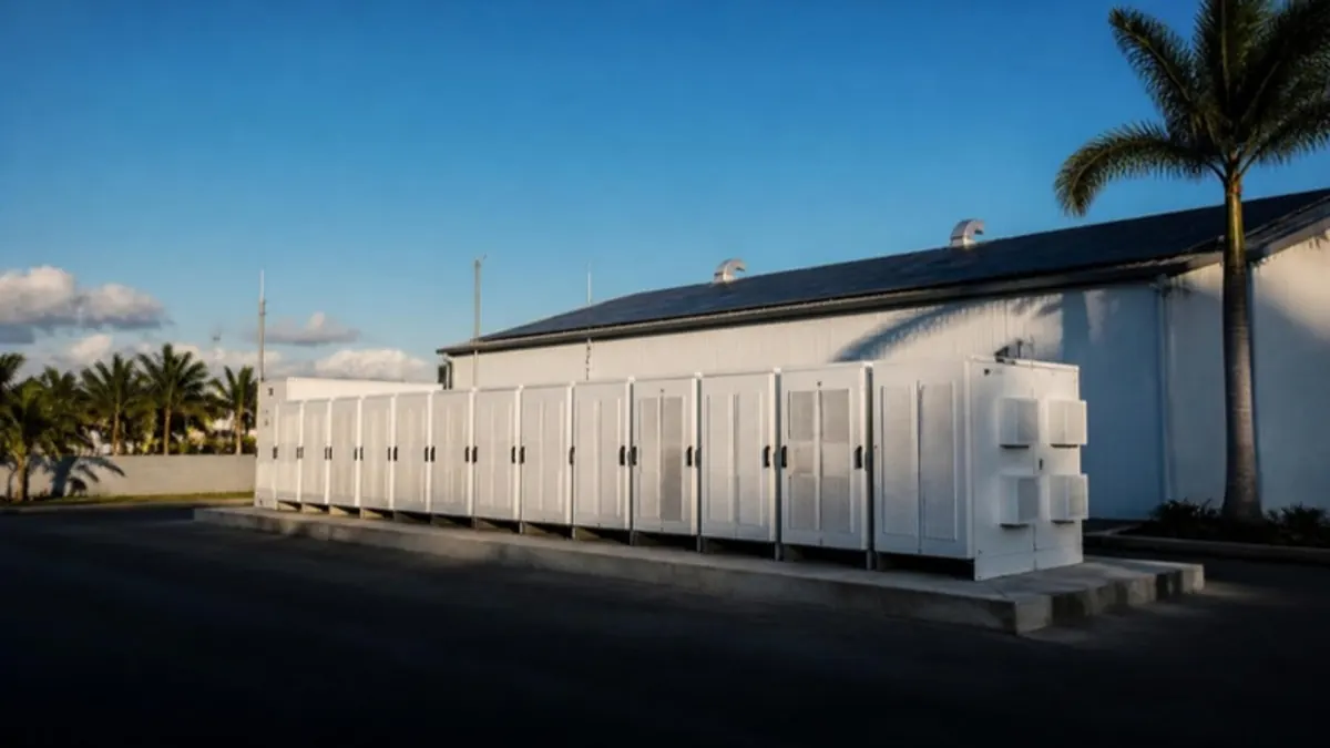 Armários de baterias de um sistema de armazenamento ao lado de galpão com placas solares no telhado