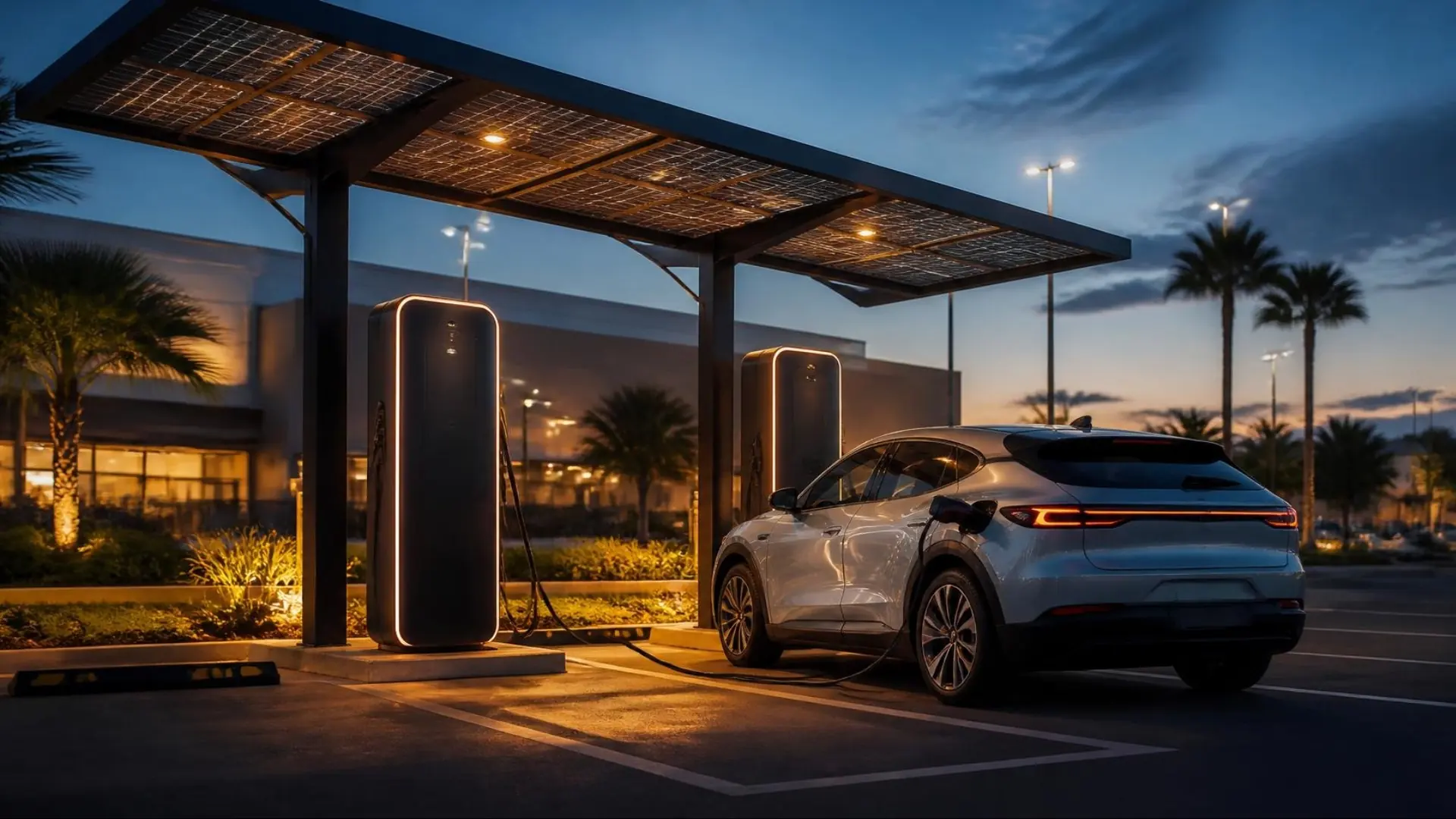 Eletroposto com cobertura de placas solares e carro elétrico carregando ao anoitecer