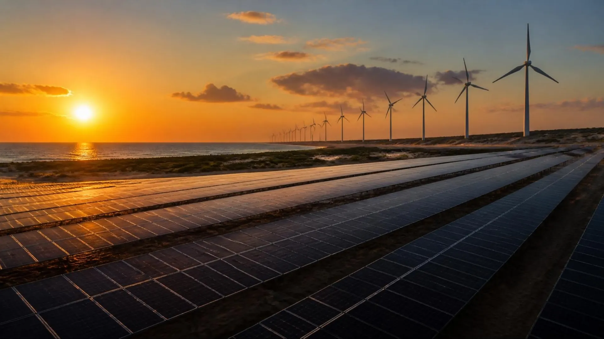 Usina solar com fileiras de placas e turbinas eólicas no litoral do Ceará, ao pôr do sol