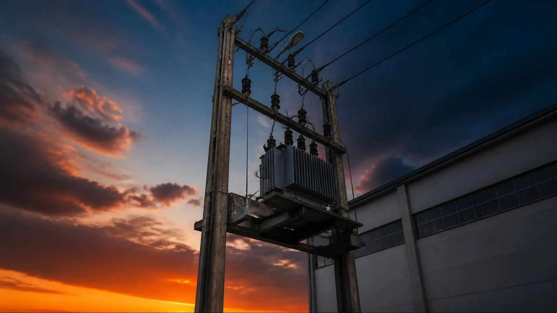 Subestação aérea em poste de concreto ao lado de um galpão, ao entardecer
