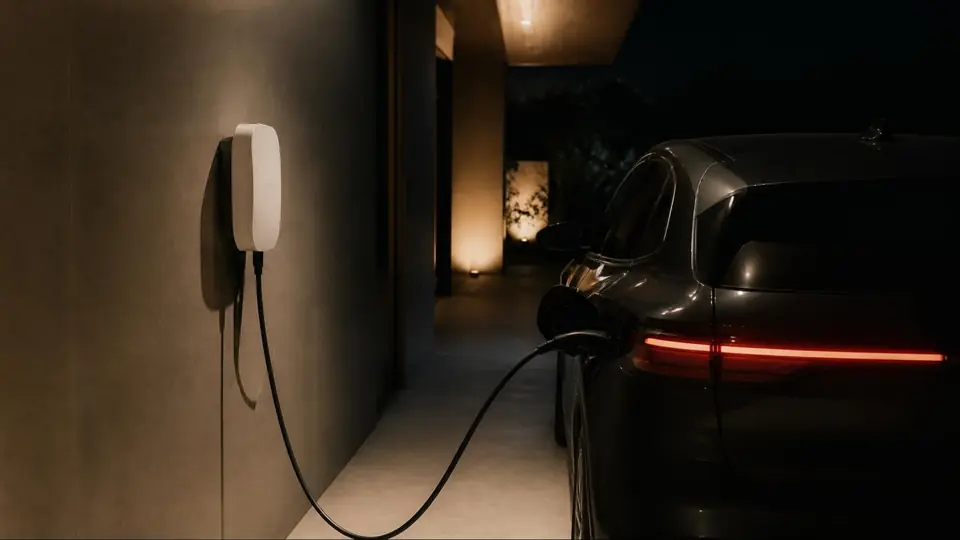 Carregador de parede branco numa garagem residencial, ligado a um carro elétrico